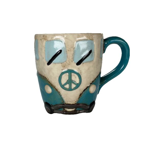 VW but S Retro Style Coffe Mug Tea 12 oz Peace Sign Pottery Blue Hippie Kombi - Picture 1 of 10